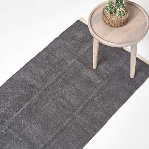 Homescapes waschbarer Chenille Teppich/Läufer 66 x 200 cm handgewebt aus 100% Baumwolle, grau/dunkelgrau
