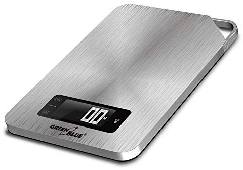 Green Blue GB170 Digitale Küchenwaage Edelstahl mit Timer Digitalwaage Elektronische Waage bis 5kg min 1g Tara-Funktion, Silver