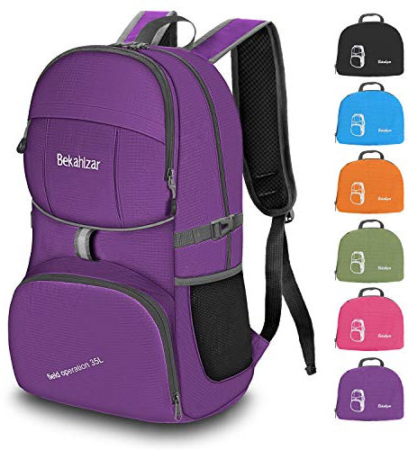 Bekahizar Handgepäck Rucksack 35 Liter, Leichter Faltbarer Reiserucksack für Herren Damen Outdoor Camping Wandern Radfahren Tageswanderungen (lila)