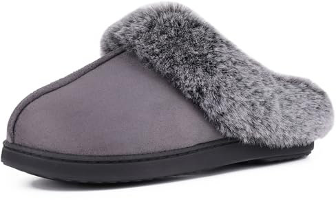 VeraCosy Women's Classic Suede Memory Foam Slippers Anti-Skid Scuff with Warm Faux Fur Collar, Dark Grey, 7/8 UK