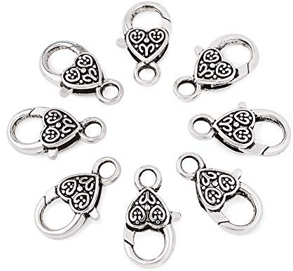 Cheriswelry 50 cierres de langosta estilo tibetano con forma de corazón, plata antigua, gran corazón, joyería para joyería y collares