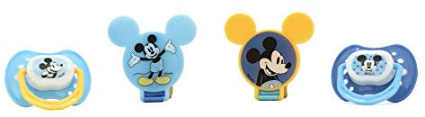 Disney Cudlie Mickey Mouse Baby Boy 4 Pack of 2 Pacifiers & 2 Clips with Old Time Mickey Print