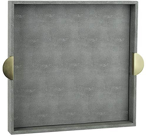HofferRuffer Faux Leather Decorative Serving Tray, Elegant Coffee Table Ottoman Tray, Breakfast, Drinks, Liquor Serving Platter, Dark Grey Shagreen Finish with Gold Hardware Handle (Square)