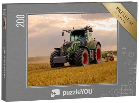 puzzleYOU: Puzzle 200 Teile „Grüner Traktor pflügt EIN Getreidefeld, Himmel mit Wolken“ – aus der Puzzle-Kollektion Traktoren