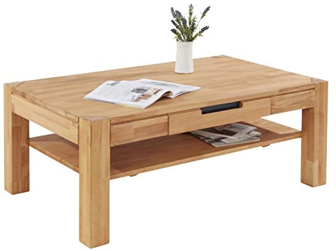 TaBoLe Couchtisch Beistelltisch Kernbuche massiv naturgeölt mit Schubkasten und Ablageplatte B115 x T70 x H45 cm