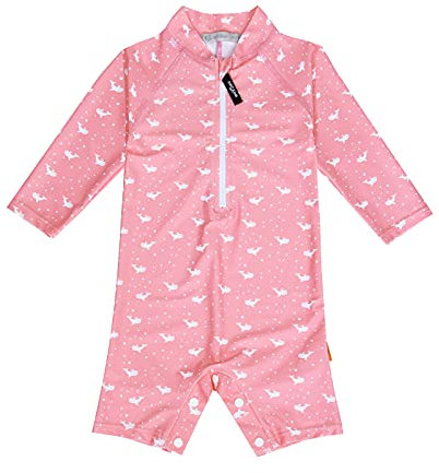weVSwe Traje De Baño para Niña UPF 50+ Protección Solar Tejido Reciclado Manga Larga Rash Guard con Botones En La Entrepierna Ballena Rosa 6-12 Meses