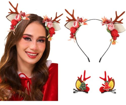 IYOU Noël Bandeaux Ensemble Renne Bois de Rennes Rouge Bandeau de Cheveux Fleur Noel Pinces à Cheveux Fête Xmas Accessoires pour Cheveux pour Halloween Cosplay