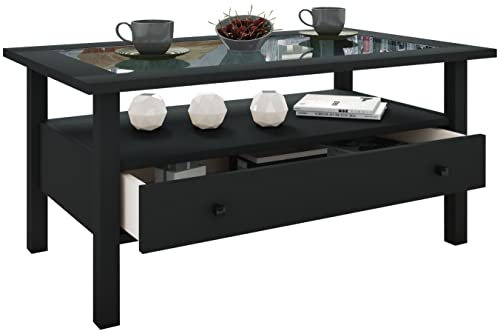 VCM Holz Beistelltisch mit ESG-Sicherheitsglas | Couchtisch schlicht | Maße ca. H. 42 x B. 90 x T. 54 cm | Wohnzimmertisch mit Schublade | Sofatisch - Lingis L