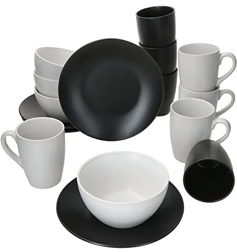 MamboCat Nero Bianco 16-tlg. Frühstücksset I 4 Personen I weißes & schwarzes Geschirr, matt I 4x Frühstücksteller, Kaffeebecher mit und ohne Henkel, Müslischalen I Steingut I Black & White I Bowl, Mug