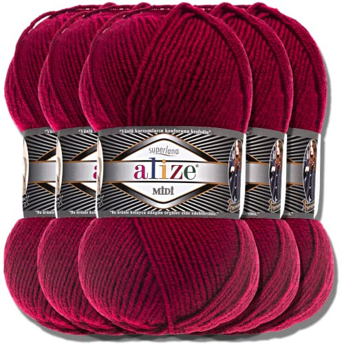 Alize 5 x 100g Superlana Midi Türkische Premium Wolle Baumwolle und Acryl Uni Handstrickgarne | Yarn | Garn | Strickgarn Einfarbig Baby zum Häkeln Stricken Kleidung Schals (Currant | 390)