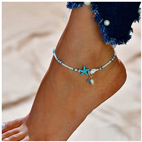 Dervivea Boho Seestern Perlen Fußkettchen Armbänder Weiß Perlen Fußkettchen Strand Perlen Knöchel Armband Sommer Blau Seestern Fußkette Schmuck Für Frauen Und Mädchen