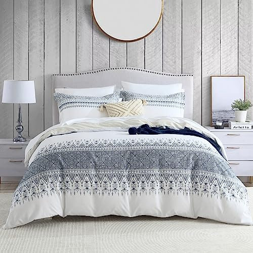 CozyDH Bettbezug für Queen-Size-Betten – 100 % Baumwolle, Sommer, Boho, Aztekenmuster, Blau, Weiß, Creme, 3-teiliges Bettwäsche-Set mit 8 Bändern (90x90 cm, keine Decke)