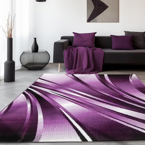 SIMPEX Teppich Wohnzimmer 280x370 cm Lila XXL Modern Abstraktes Wellen Design Kurzflor für große Flächen Schlafzimmer Esszimmer Waschbar Pflegeleicht Extra Weich