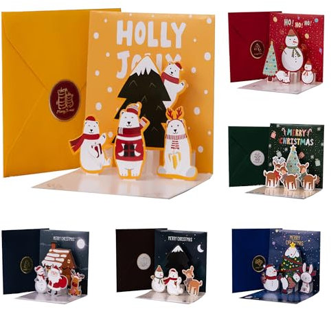 Weihnachtskarten 3D, 6 Designs, Pop up Karte Weihnachten, Umschlagaufkleber und Goldrand, Weihnachtsmann, Schneemann, Bär, Kaninchen, Rentier