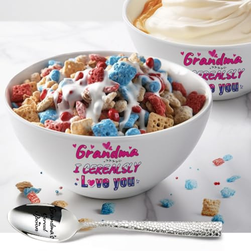 shiningsoul 2 grandma's Cereal Bowl and 1 Grandma's cereal Spoon with Greeting Card, Grandma I CEREALSLY Love You 7'' Bowl and Spoon Set Birthday Retirement Engraved Gift Idea Box