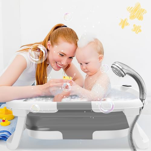 Jopassy Baby Badewanne Faltbare Badewanne Baby, Babybadewanne Neugeborene mit Thermometer, Groß Babybadewanne mit Badematte, Tragbare Badewanne Baby für Babys von 0-36 Monaten(Grau)