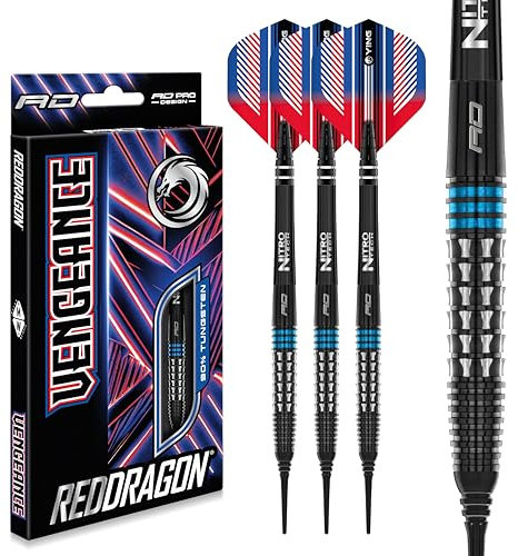 RED DRAGON Vengeance Blue 20 Gramm Premium Wolfram Softip Dart Set mit Flights und Schäften