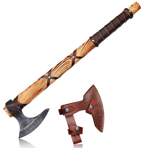 Handgefertigte Wikinger-Axt- 48 cm Griff LARP DEKO Jagd-Outdoor-Camping-Überlebensbeil Nordische Axt 1095 Kohlenstoffstahl Eichenholz Griff. Nr 10