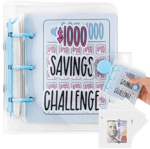 OFFCUP Geldsparender Ordner, 25 pcs Spar Challenge Ordner, 1000 Dollar Mini Binder Spar Challenge mit Geldumschlägen Budget Binder Sparbuch für den Budgetplaner und Zum Geldsparen (Blau)