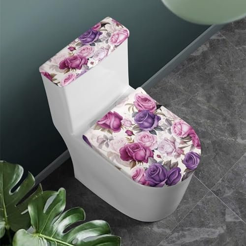 CREAMIC Purple Rose Toilet Lid Cover and Tank Lid Cover Machine Wash Bathroom Super Soft Toilet Lid Cover Set Seat Covers Fits Most Lids for Accessories Decor