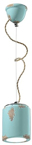 Licht-Erlebnisse Hängeleuchte Keramik E27 Ø 12,5 cm H: 114 cn Hellblau Shabby Antik Handarbeit Vintage Design Pendelleuchte Esszimmer Küche Hängelampe