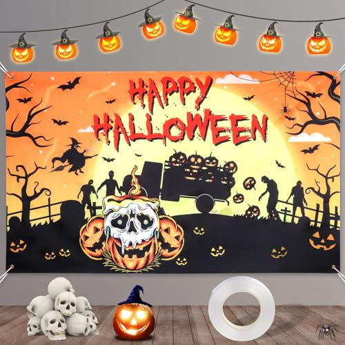 Bannière Happy Halloween 185 x 110 cm - Décoration Intérieure Orange Noir pour Porte de Garage, Mur, Porche - Fond Photo pour Fête Halloween