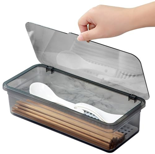 KDAMGOQE Silverware Organizer with Lid Transparent Ventilated Silverware Storage Box with Drainage 10.6x4.7x2.8in Stackable PP Silverware Holder