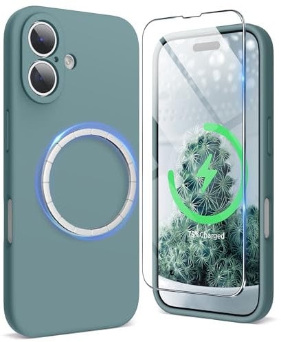 SURPHY Magnetic Design for iPhone 16 Case, Liquid Silicone Protection for Each Lens Shockproof Gel Rubber Phone Case for iPhone 16 6.1 inch 2024, Cactus Green