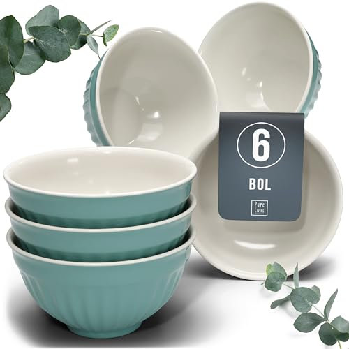 Steingut Müslischalen 6 Personen Hygge TESTSIEGER, Traumhaftes Skandinavisches Steingut Müsli Schüssel Set, Kleine Schüssel, Müslischale - Pure Living in Petrol