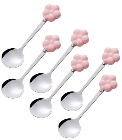 (6 Pezzi) Fiore Di Ceramica Cucchiaio in Acciaio Inox Cucchiaio Da Zuppa Dessert Caffè Tè Cucchiaio Piccolo Cucchiaio Rotondo Piccolo Cucchiaio (Rosa)