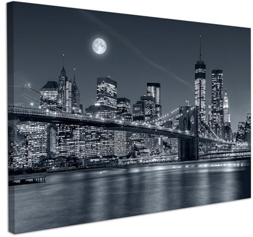 CHDITB Stadtlandschaft Bilder,Geschäftige Stadt Wandkunst,Moderne Stadtnächtliche Leinwandbild XXL ,New York Brooklyn Bridge Poster,Schwarz Weiß Stadt Wanddeko fur Wohnzimmer Schlafzimmer Büro,59*39cm
