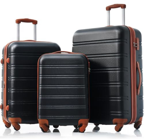 Hartschalen-Koffer Set 3-teilig - Teleskopgriff, ABS Kunststoff, Kombinationsschloss, 360° Rollen - Reisekoffer Trolley für Urlaub & Geschäftsreisen - Erweiterbar, Leicht, Robust (Schwarz+Braun)