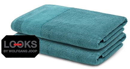 LOOKS BY WOLFGANG JOOP 2X Handtuch 50x100 cm – 100% Baumwolle Doppelpack Luxus Handtücher mit Aufhänger & Logostick, 2er Set Handtücher türkis