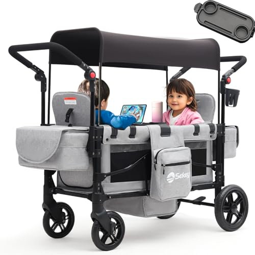 Sekey Bollerwagen Kinder Zwillingsmodus, Bollerwagen Faltbar mit Dach 2 Kinder, Duo Schiebegriff Kinderwagen Doppelsitz mit 2 integrierten 5-Punkt-Gurtsystem, Zwillingskinderwagen (Grau, Premium)