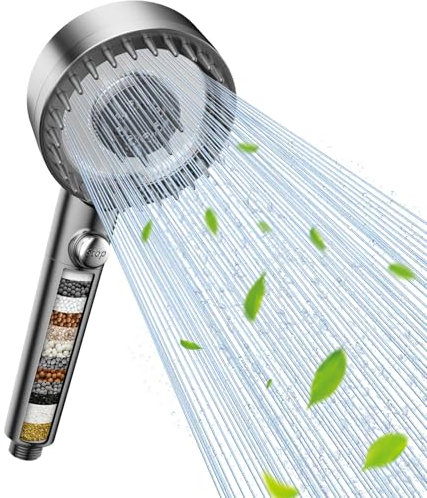Big Shower Head with 18 Stage Filter, Hard Water Filter Shower Head and 1.5m Hose Set, High Pressure Shower Heads with 4 Spray Jet Modes for Residual Chlorine Remove