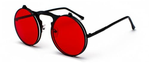 qinqilanqi-S Retro Metall Steampunk Flip-Up Sonnenbrille für Männer und Frauen, runde Rahmen Sonnenbrille für Mode (Schwarz/Ozeanrot)