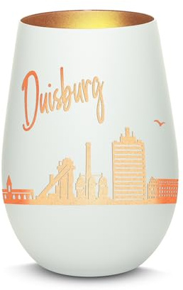 Gravur-Max Windlicht mit 360° Gravur Skyline Duisburg Deko Glaslicht als tolles Geschenk mit Einer hochwertigen Lasergravur zu jedem Anlass in der Farbe Weiß/Bronze