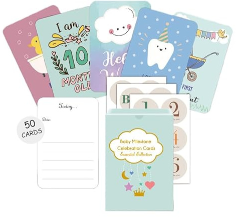 HAGOT 50PCS Meilensteinkarten Baby, Mit handgemalten Boho Illustrationen, Monatskarten, mit beschreibaren Rückseiten
