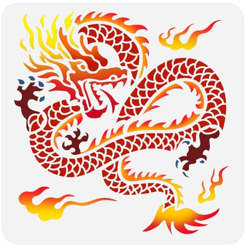 DOODLREAM Pochoir dragon chinois pour peinture, 30 x 30 cm, réutilisable en plastique, motif dragon de bon augure, motif nuages de bon augure, pochoir de dessin, pochoir de peinture pour décoration