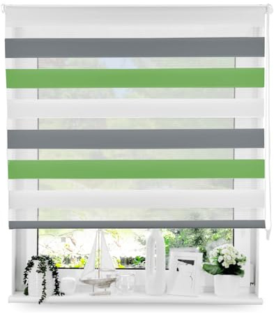 Tom'Shop Doppelrollo Duo Rollo mit Schrauben Weiß-Grau-Grün 135cm x 220cm | Fensterrollo Seitenzugrollo mit Bohren für Lichtschutz Sichtschutz Sonnenschutz leichte Montage