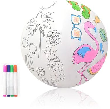 2er Pack Wasserball Aufblasbar Kinder 30cm Beachball Unbemalt Bälle Wasserbälle Set Klein mit 8 Graffiti Stift, Strandball Aufblasbar Wiederverwendbar, für Wasserspielzeug Garten Pool Beach Party