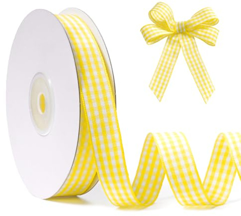 FAKILO Schleifenband Gelb Gingham-Band 15mm x 22m Geschenkband Gelb - Weiß Büffelkariertes Kariertes Band für Weihnachten, Geschenkverpackungen, DIY Basteln