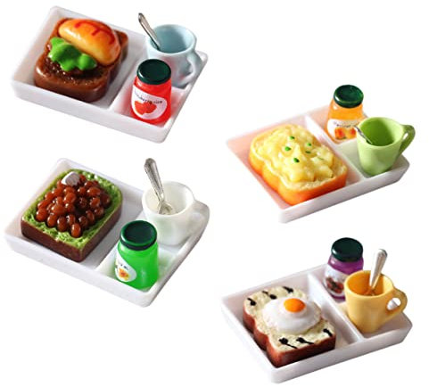 JUMPLAWN 4sätze Miniatur Frühstücksset Für Puppenhaus Teiliges Toast-Modell Mit Gemüse Und Obst-variationen Für Kreative Dekoration Und Fotografie Im Miniaturformat
