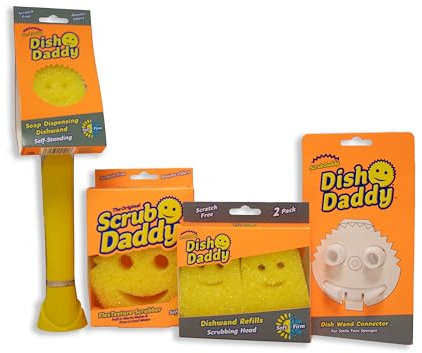 Scrub Daddy Dish Daddy Wand, Refill Heads, Sponge & Connector Head, Soap Dispensing Dish Brush, Texture Changing Washing Up Sponge with Liquid Handle, Built-in Scraper & Scrubbing Head - Yellow