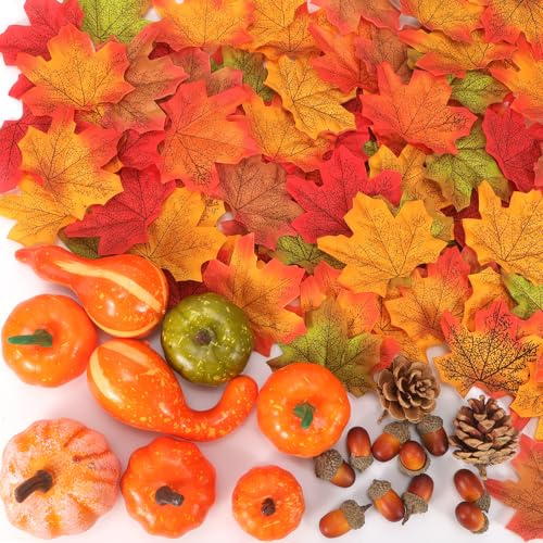 HOWAF Decorazioni Autunnali 120 Pezzi: Zucche Finte, Foglie d'Autunno Artificiali, Pigne e Ghiande per Decorazioni Casa, Thanksgiving e Festa d'Autunno