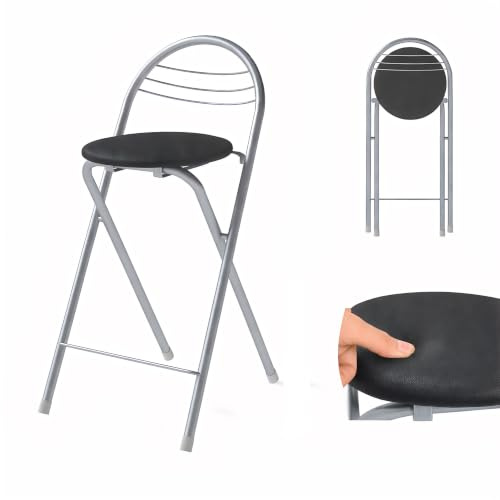 Songvas Barhocker Klappbar Mit weichen Kissen, Küchenstuhl mit Lehne, 61cm Sitzhöhe, Keine Montage Erforderlich, Tragbarer Barhocker, Für Küche, Wohnzimmer, Esszimmer, Schwarz und Silber