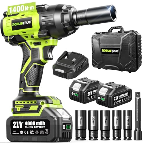 Robustrue 1400 N·m 1/2 Llave de impacto inalámbrica, motor sin escobillas de alto par, 2400 rpm, 2×4,0Ah baterías, cargador rápido, para camión, autocaravana, cortacésped