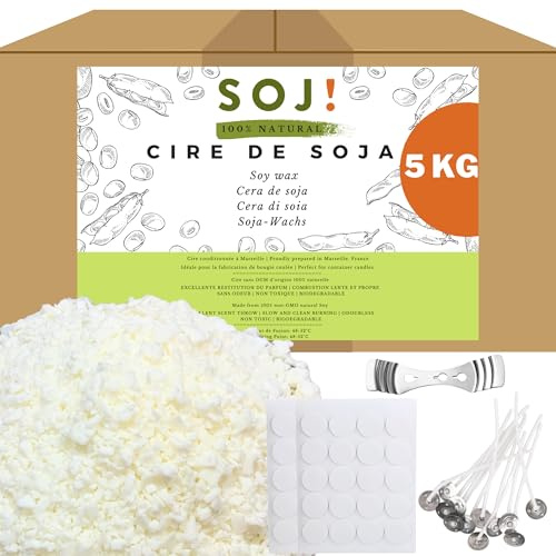 Soj - Sojawachs 5 kg für Kerzen ohne Gentechnik, 100 % natürlich, E-Book + 50 Dochte gratis dazu! Herstellung von gegossenen Kerzen, Kerzenwachs, Kerzenwachs, verpackt in Frankreich (5 kg Flocken)