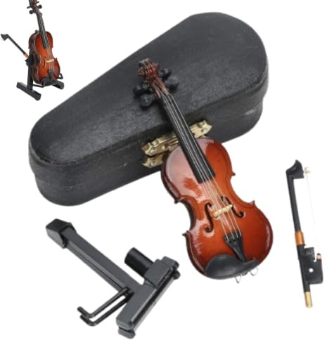 Miniatur-Geige aus Holz mit Ständer, Mini-Musikinstrument, Violine, Nachbildung, Sammlerfiguren, Zubehör, Modell mit Ständer, Kollektion Dekoratives Ornament