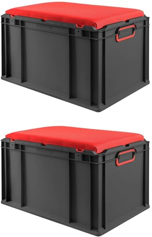 PROREGAL SparSet 2x Eurobox NextGen Seat Box Rot, HxBxT 36,5x40x60cm, 65 Liter, Griffe geschlossen, Schwarz, Eurobehälter, Sitzbox, Transportbox, Transportbehälter, Stapelbehälter